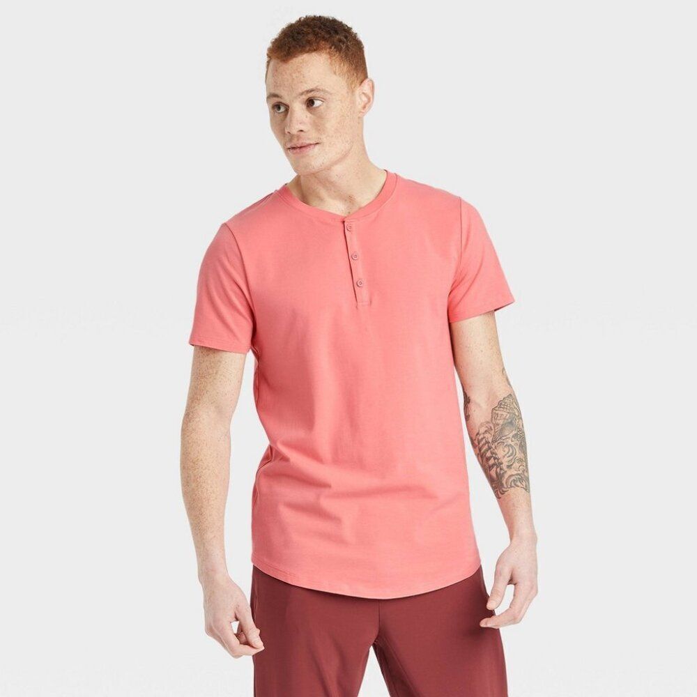 All in Motion Men's Henley Shirt Large Pink Supima‎ Cotton UPF 50+ Moisture Wick